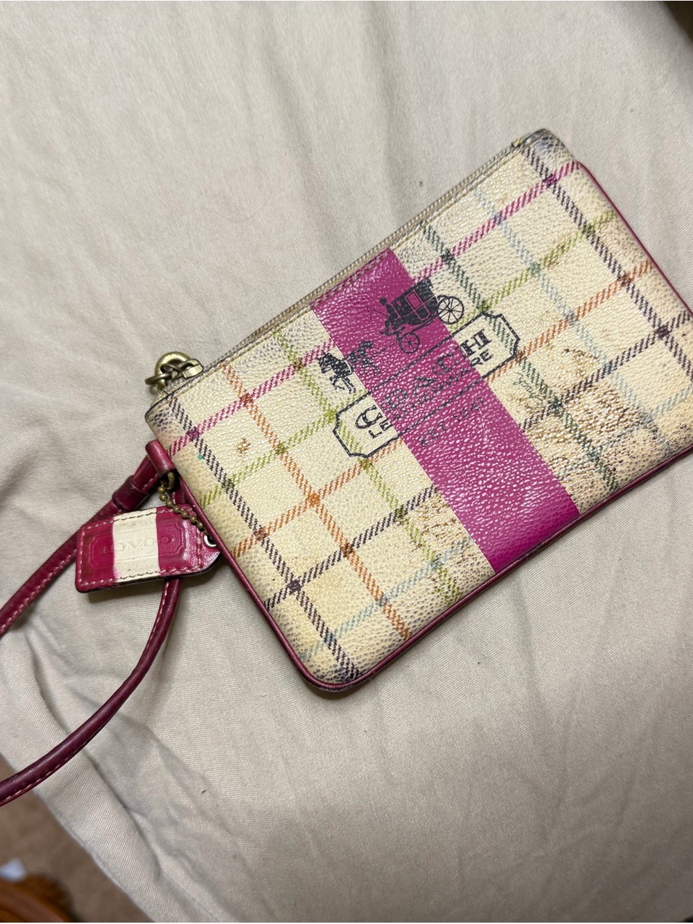 Pink Plaid Wristlet Clutch with Stripe Accent
